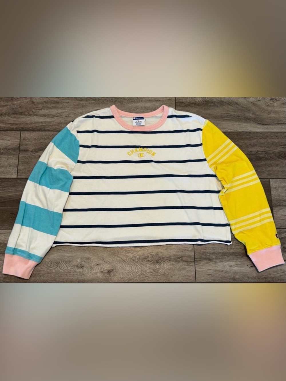 Womens 1X Champion Color Block Long Sleeve T-Shirt Embroidered Logo Multi Stripe